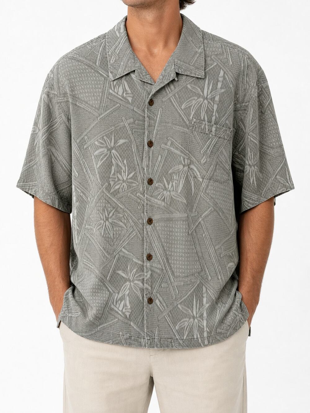 Jamaica Jaxx Men's XL 100% Silk Gray Jacquard Hawaiian Aloha Floral Camp Shirt